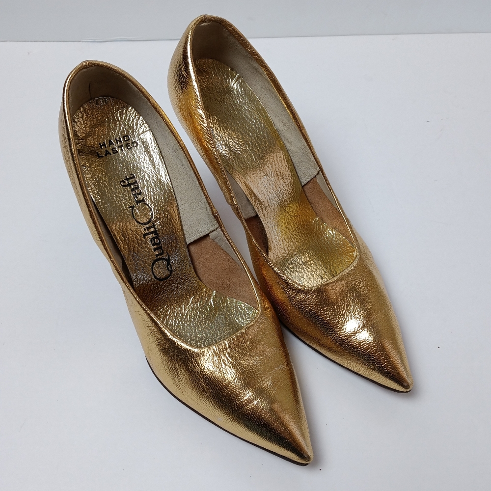 Vintage Metallic Heels Qualicraft Gold Lame Pointed Toe Pumps Size 5